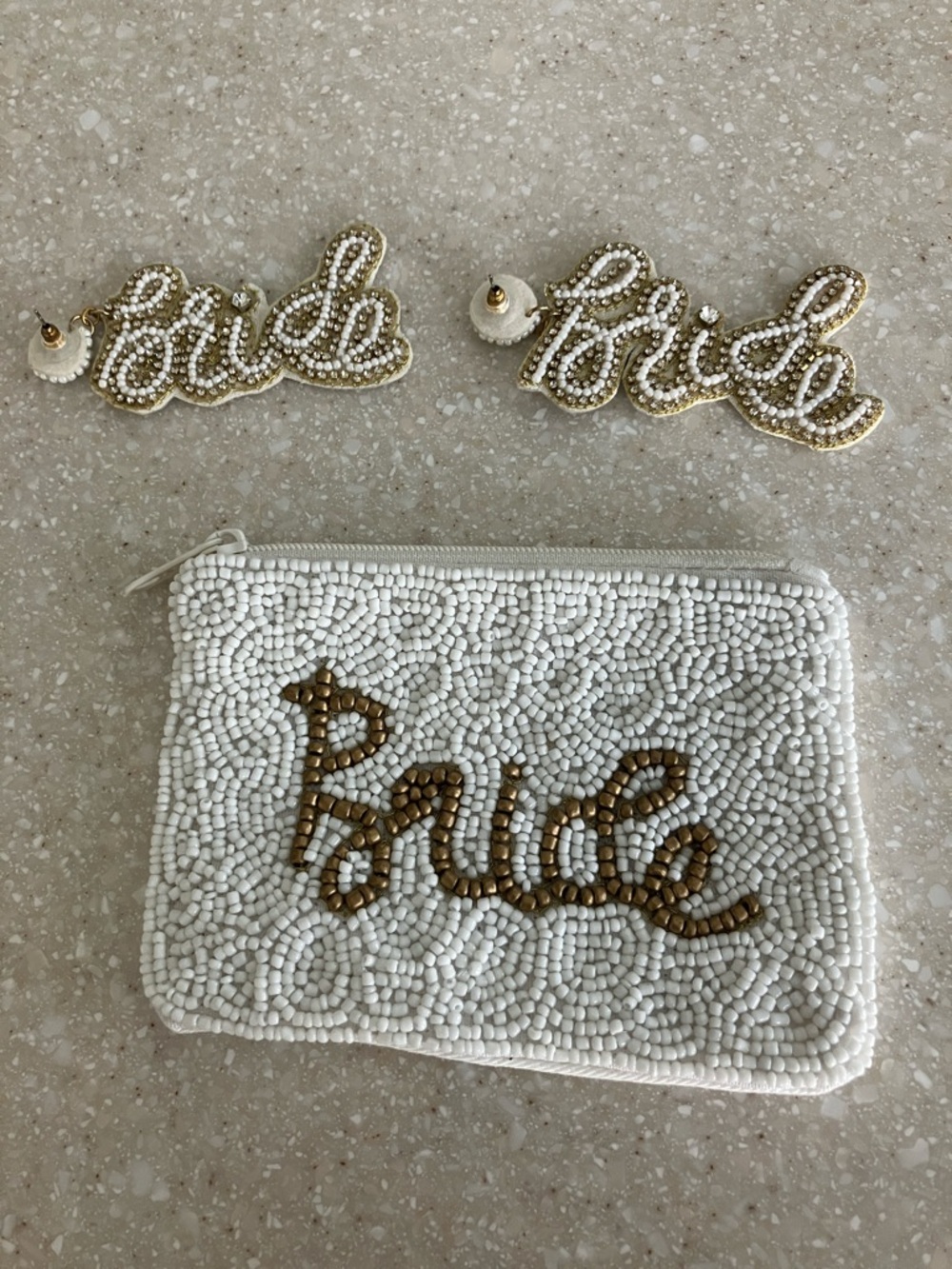 Bride Beaded Pouch and Earring Set - White and Gold